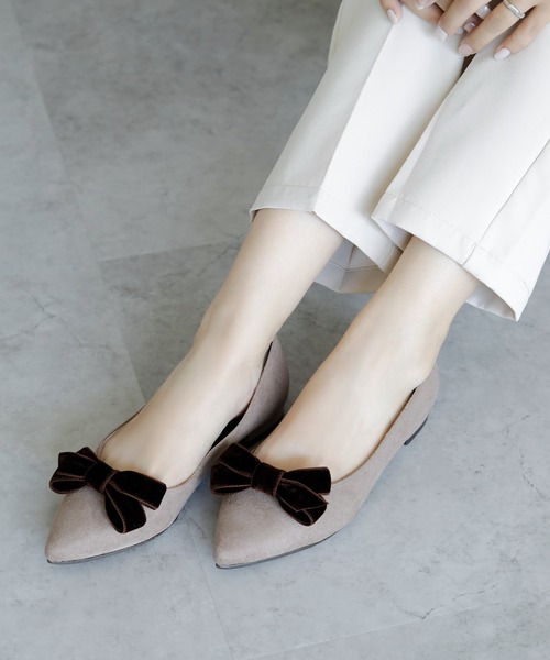 パンプス 晴雨兼用 ベルベットリボン ポインテッドトゥ パンプス「日本