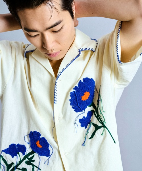 Camphor wood シャツ flower embroidery SAGARA h/s shirt / サガラ花