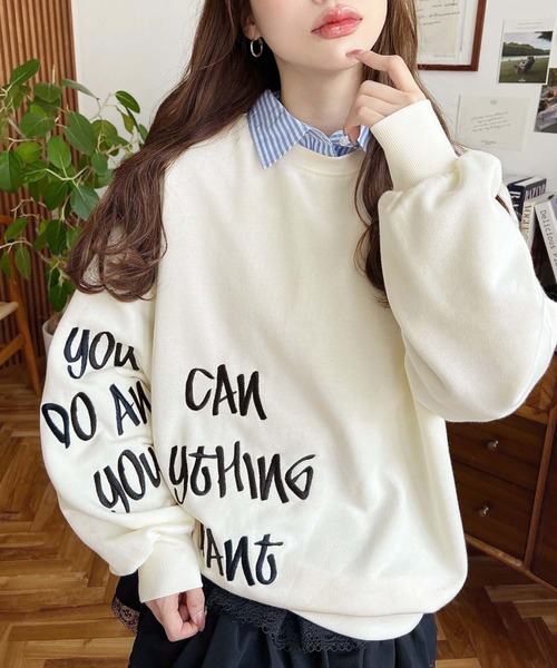 moment+ トレーナー スウェット 裏毛オーバーサイズロゴ刺繍スウェット