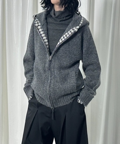 AsheKsha パーカー チェック柄切替フード付きジップカーディガン
