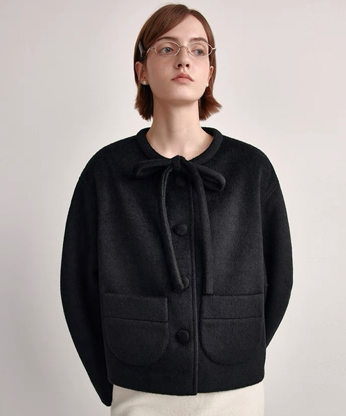 ジャケット ノーカラージャケット リボンタイ ショートウールコート