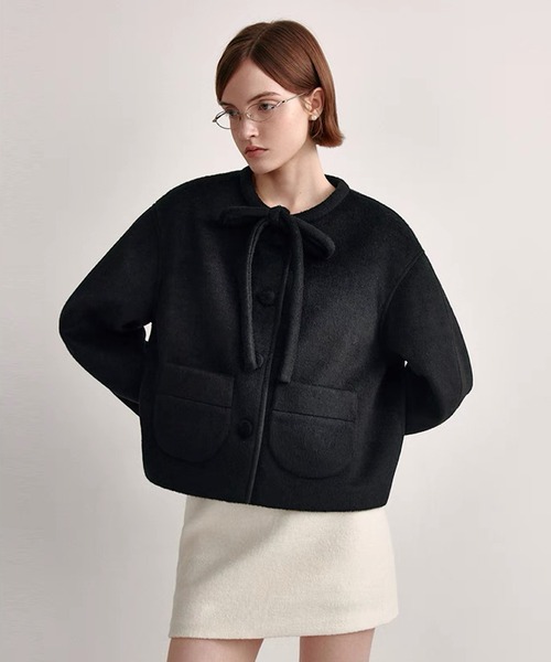 ジャケット ノーカラージャケット リボンタイ ショートウールコート
