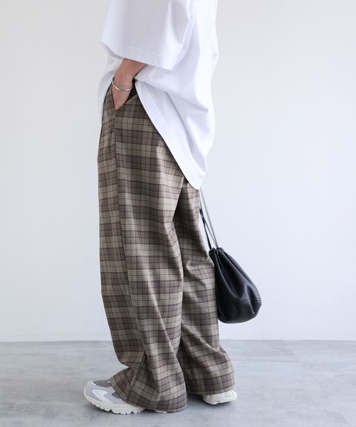 andme（アンドミー） パンツ チェック柄タックワイドパンツ レディース