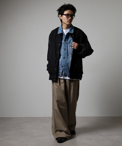 RE730 スタジャン ウールライク メルトン 袖PUレザー ビッグスタジャン