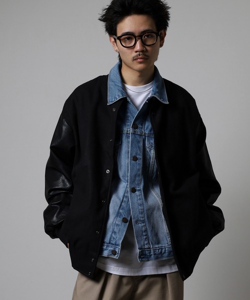 RE730 スタジャン ウールライク メルトン 袖PUレザー ビッグスタジャン