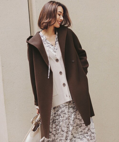 コート アウター ウールリバー フード付き ミドル丈コート レディース