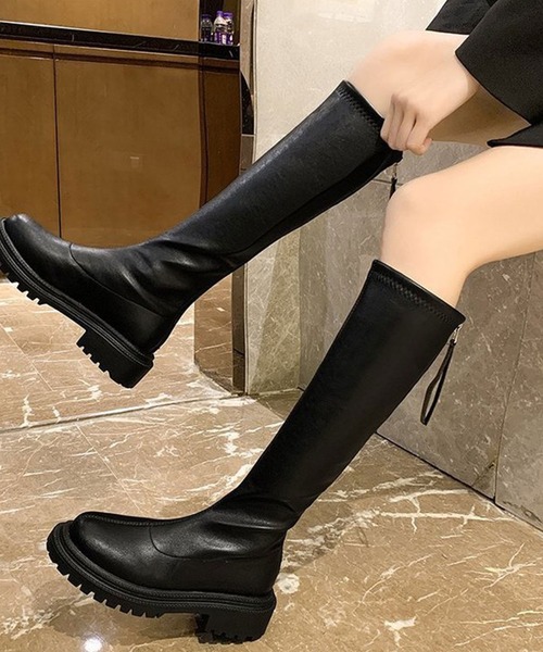 ブーツ PU厚底 フェイクレザー ジップロングブーツ レディース
