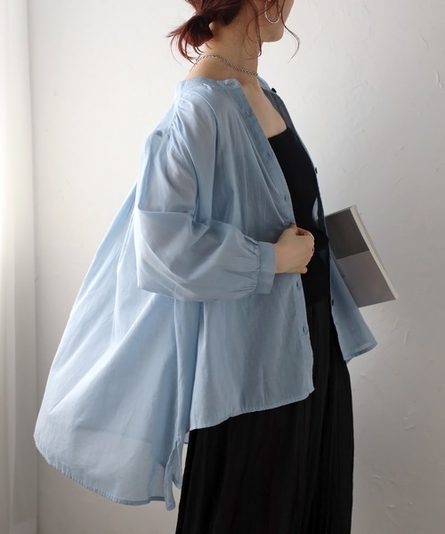 ＆HALF ブラウス シャツ ノーカラーギャザーフレアブラウス（インド綿