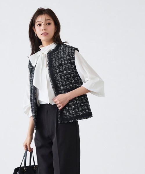 Pierrot（ピエロ） ベスト ジレ ノーカラーツイードジレ レディース