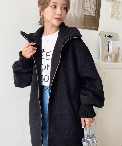 moment+ コート アウター フェイクウールモッサリブスタンドカラー