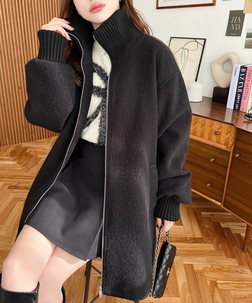 moment+ コート アウター フェイクウールモッサリブスタンドカラー