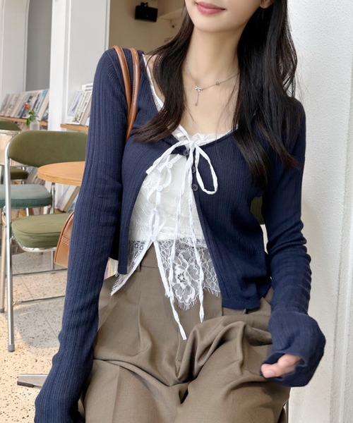 Ada. カーディガン レース レイヤード デザイン Vネック カーディガン