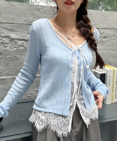 Ada. カーディガン レース レイヤード デザイン Vネック カーディガン
