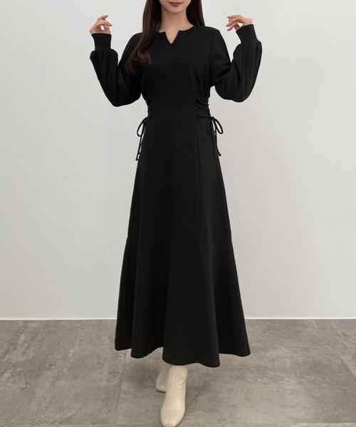 CENEA（セネア） ワンピース キーネック裏起毛レースアップワンピース