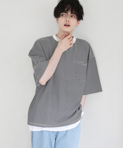 tシャツ 「2点セット」梨地ポケット付きクルービッグTシャツ＆ロング