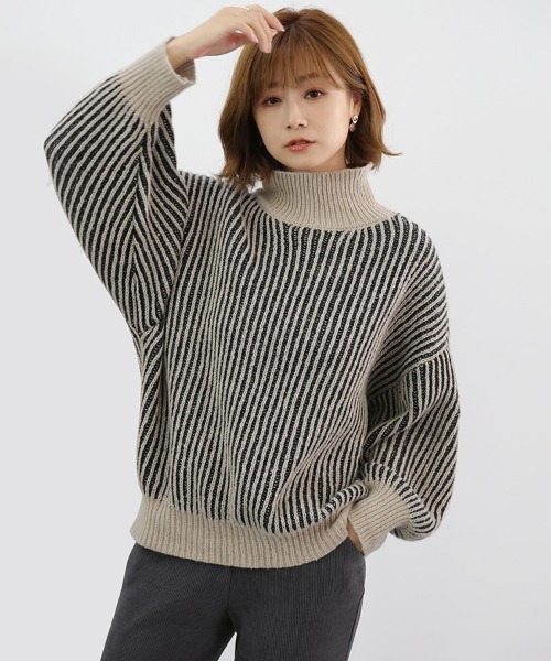 ニット セーター ストライプ柄ハイネックセーター レディース