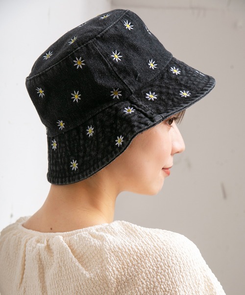 14+（イチヨンプラス） 帽子 ハット 花柄刺繍デニムバケットハット UV
