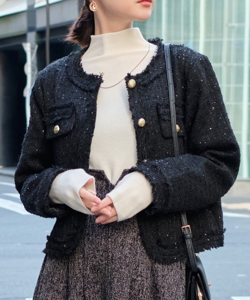 ジャケット ノーカラージャケット ゴールド調ボタン ラメツイード