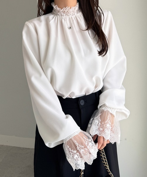 RANAN（ラナン） ブラウス シャツ レースフリルプチハイネックブラウス