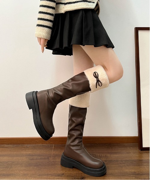 gossip!ロサンゼルス ブーツ Y2K リボン エコファー配色ロングブーツ