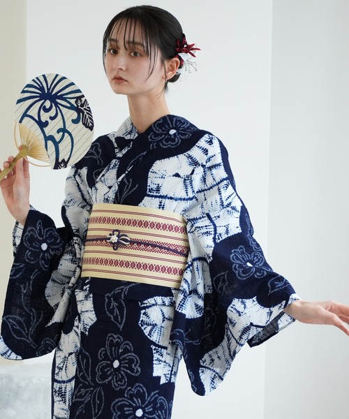 utatane 浴衣 有松絞り浴衣3点セット 綿麻 白と紺の花シルエット