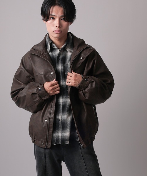 ブルゾン アウター 「82」ウォッシュ加工 フェイクレザースタンド