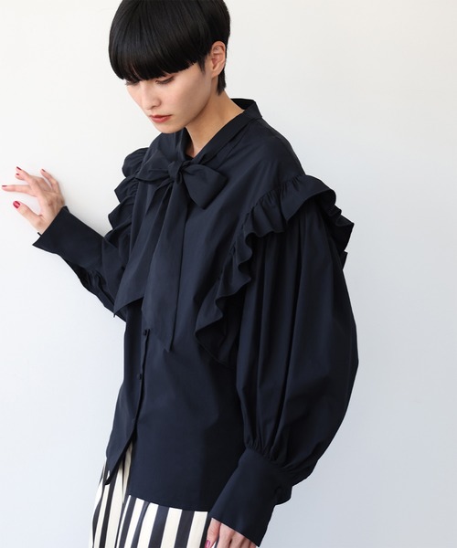 ELFRANK ブラウス シャツ 2wayボウタイリボンドロップショルダーフリル
