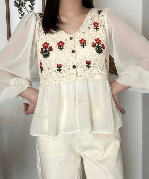 Cham. ブラウス シャツ 花柄切り替えシアートップス レディース