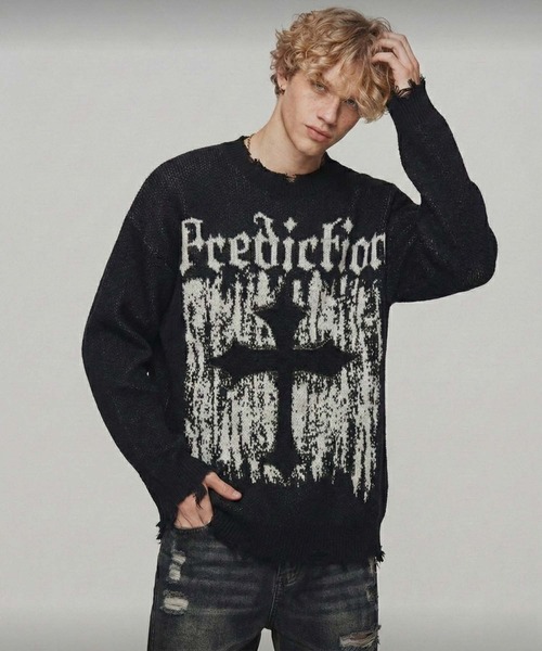 MONOCHROME セーター ニット クロスグラフィックダメージニット メンズ