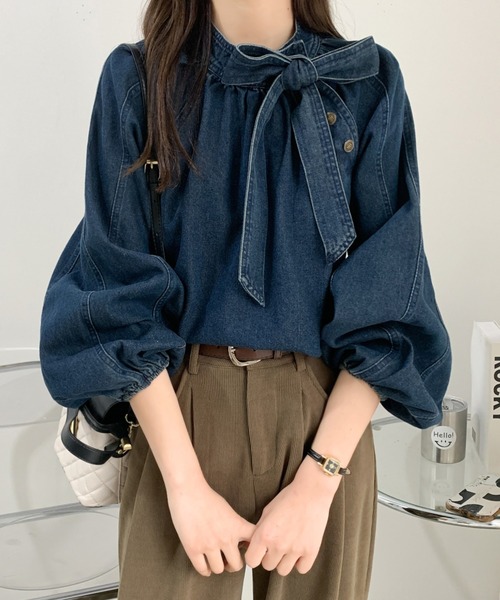 Diosfront ブラウス シャツ リボン付きボリュウームスリーブデニム