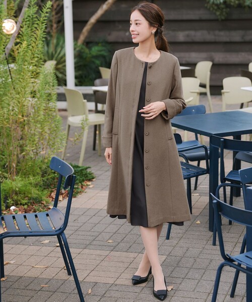 Tiaclasse ノーカラーコート コート ノーカラーバックリボンウール