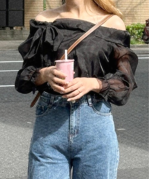 ROOP TOKYO ブラウス シャツ オーガンジーリボンオフショルダー