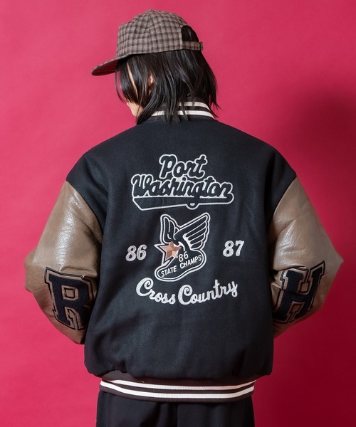 モブスタイル☆サガラ刺繍 羊革 アームレザー スタジャン 紺 M表記 L