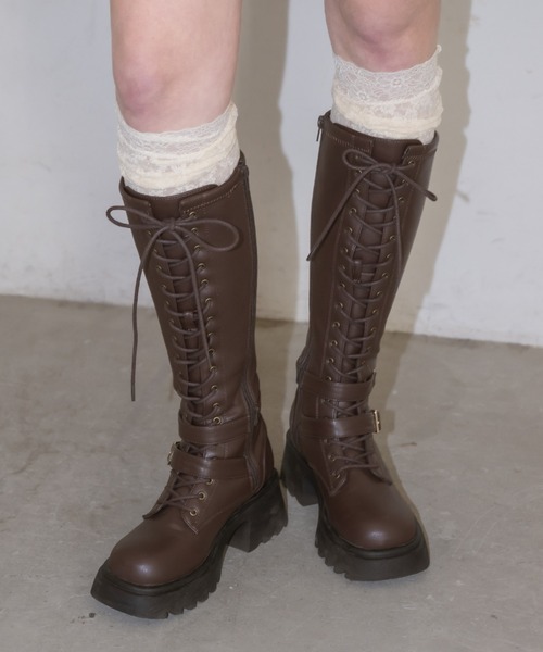 ブーツ lace up buckle long boots / レースアップロングブーツ