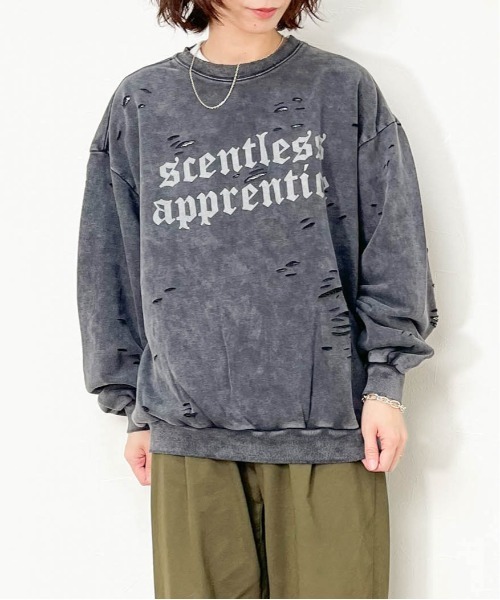 トレーナー スウェット 裏毛 硫化染めダメージ加工ロゴプリントクルー