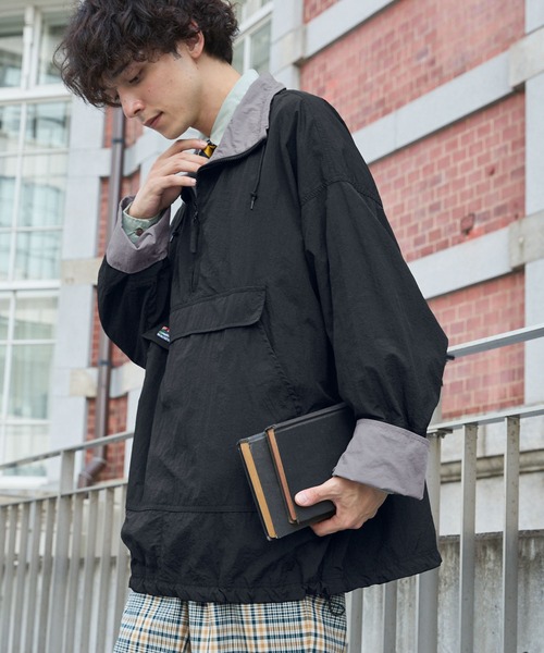 ブルゾン アウター ナイロン配色ハーフジップアノラックプルオーバー