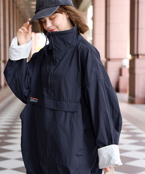 ブルゾン アウター ナイロン配色ハーフジップアノラックプルオーバー