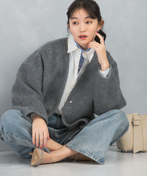 ジャケット ノーカラージャケット モヘア混シャギーミドルジャケット