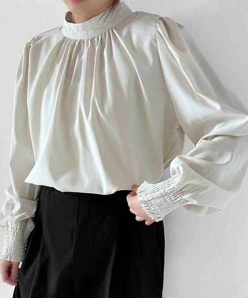 ブラウス シャツ スタンドカラーバックリボンブラウス レディース