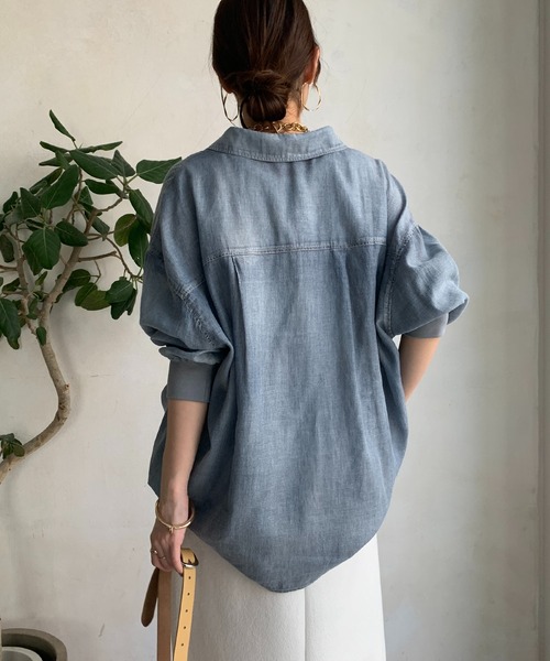 DouDou（ドゥドゥ） ブラウス シャツ 袖リブシアーデニムシャツ
