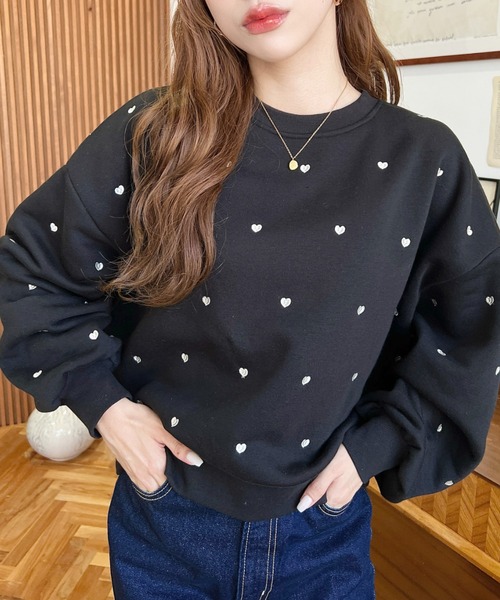 moment+ トレーナー スウェット 裏起毛ハート刺繍スウェット