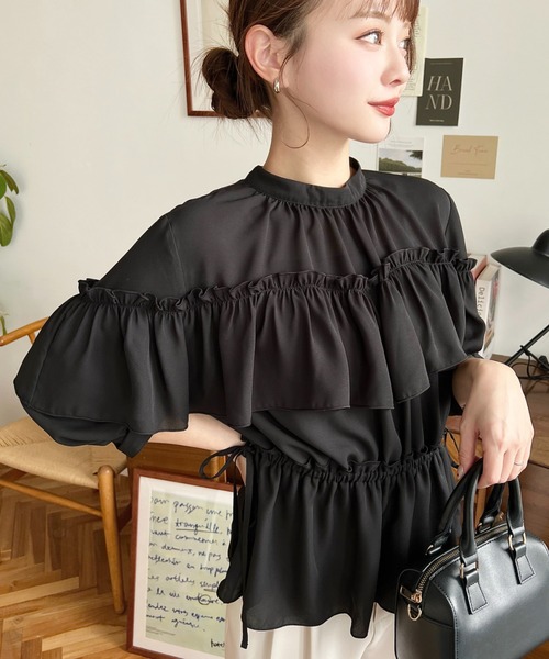 moment+ ブラウス シャツ シフォンジョーゼットウエストリボンチュール