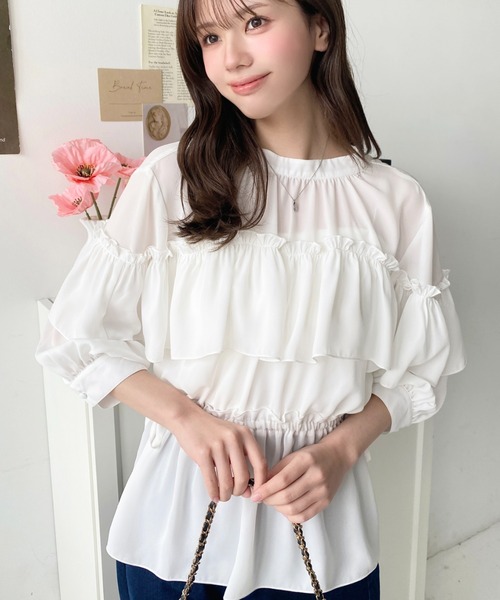 moment+ ブラウス シャツ シフォンジョーゼットウエストリボンチュール