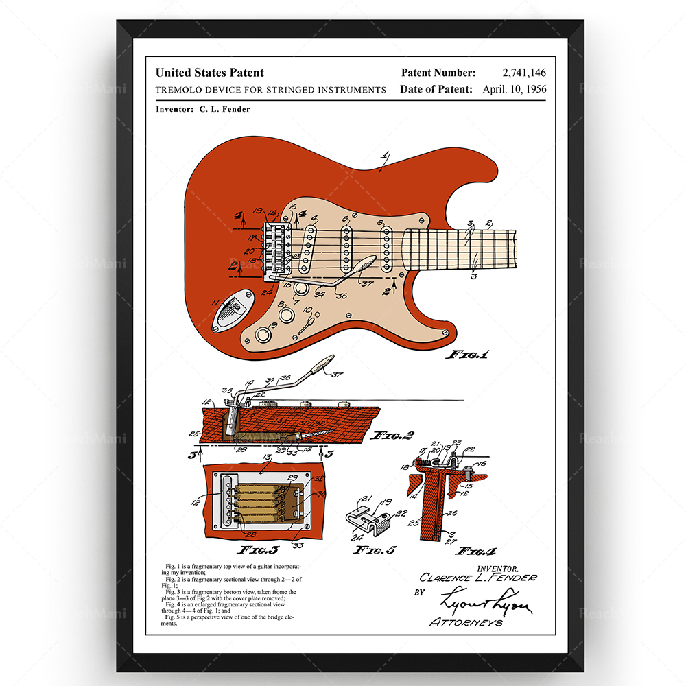 フェンダーstratocaster 1954色付きギターパテントプリントウォール