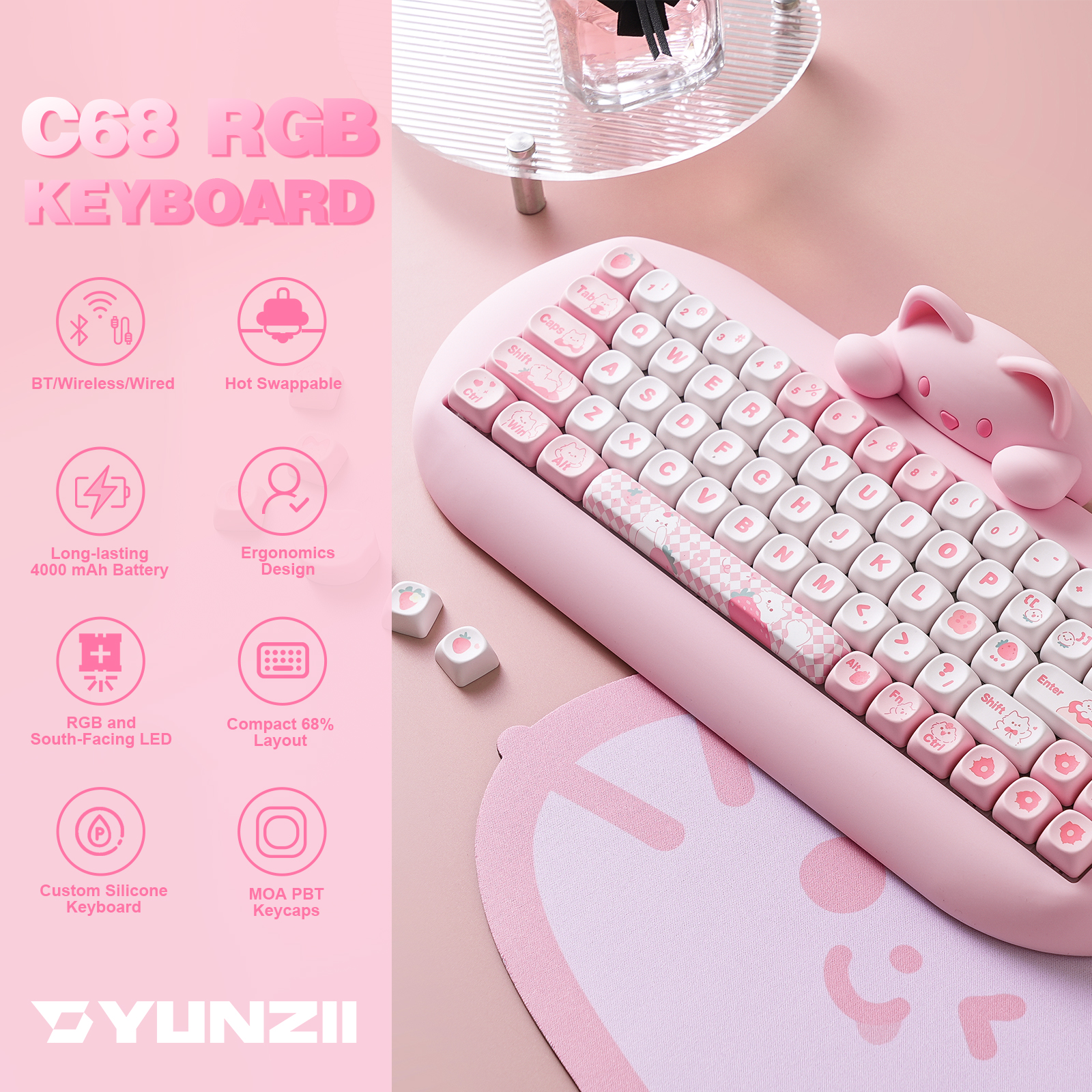 YUNZII C68 Pink 65% Hi-Fi Cute Cat Silicone Hot Swap NKRO