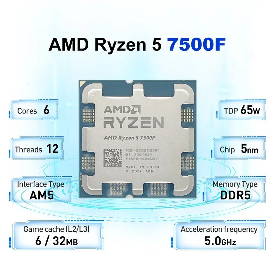 AMD Ryzen 5 7500F 3.7GHz L3=32M R5 7500F Processor 6-Core 12
