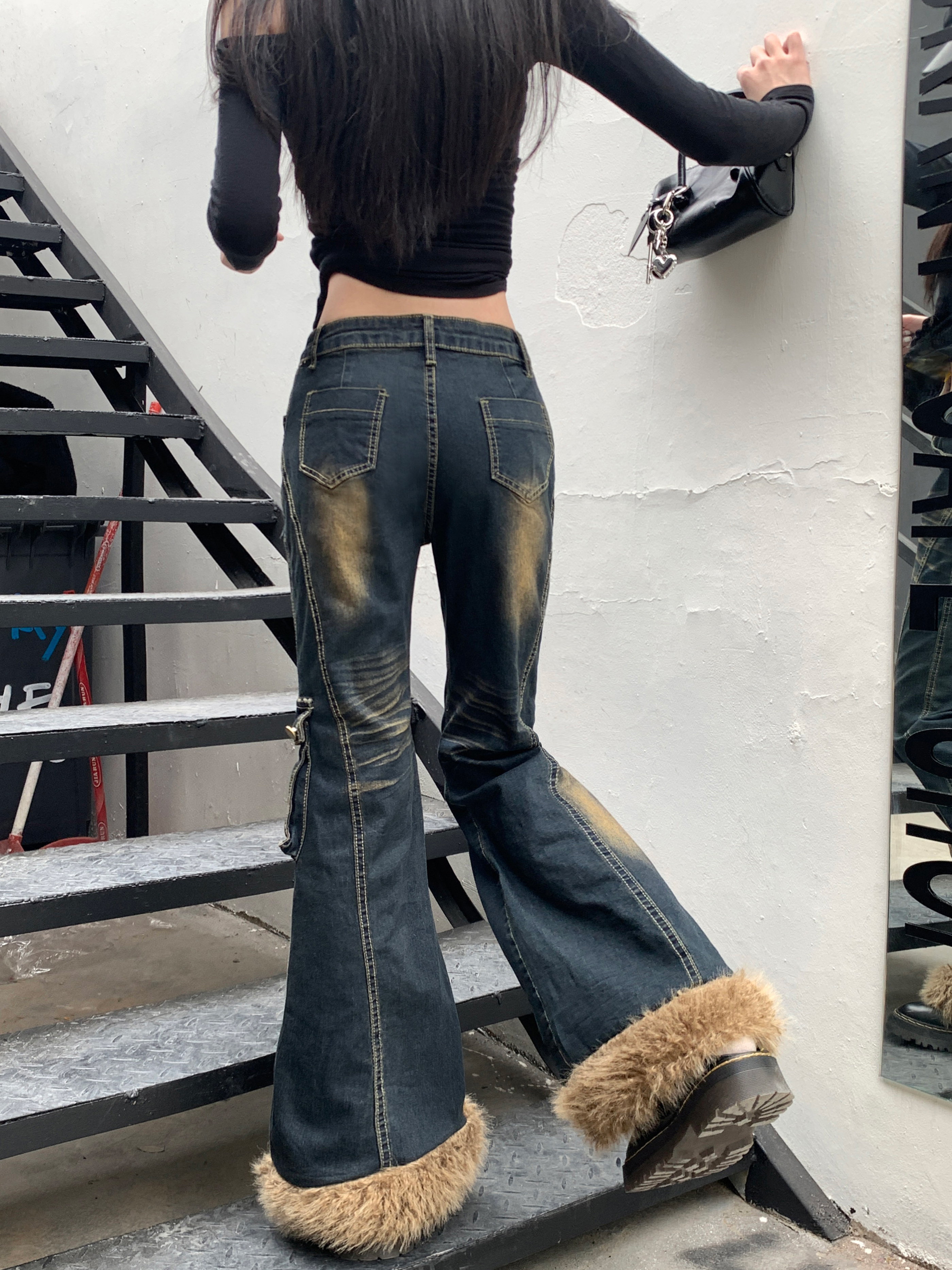 Women Idol Low Rise Chic Jeans Low Rise Y2K Faux Fur Denim Flare