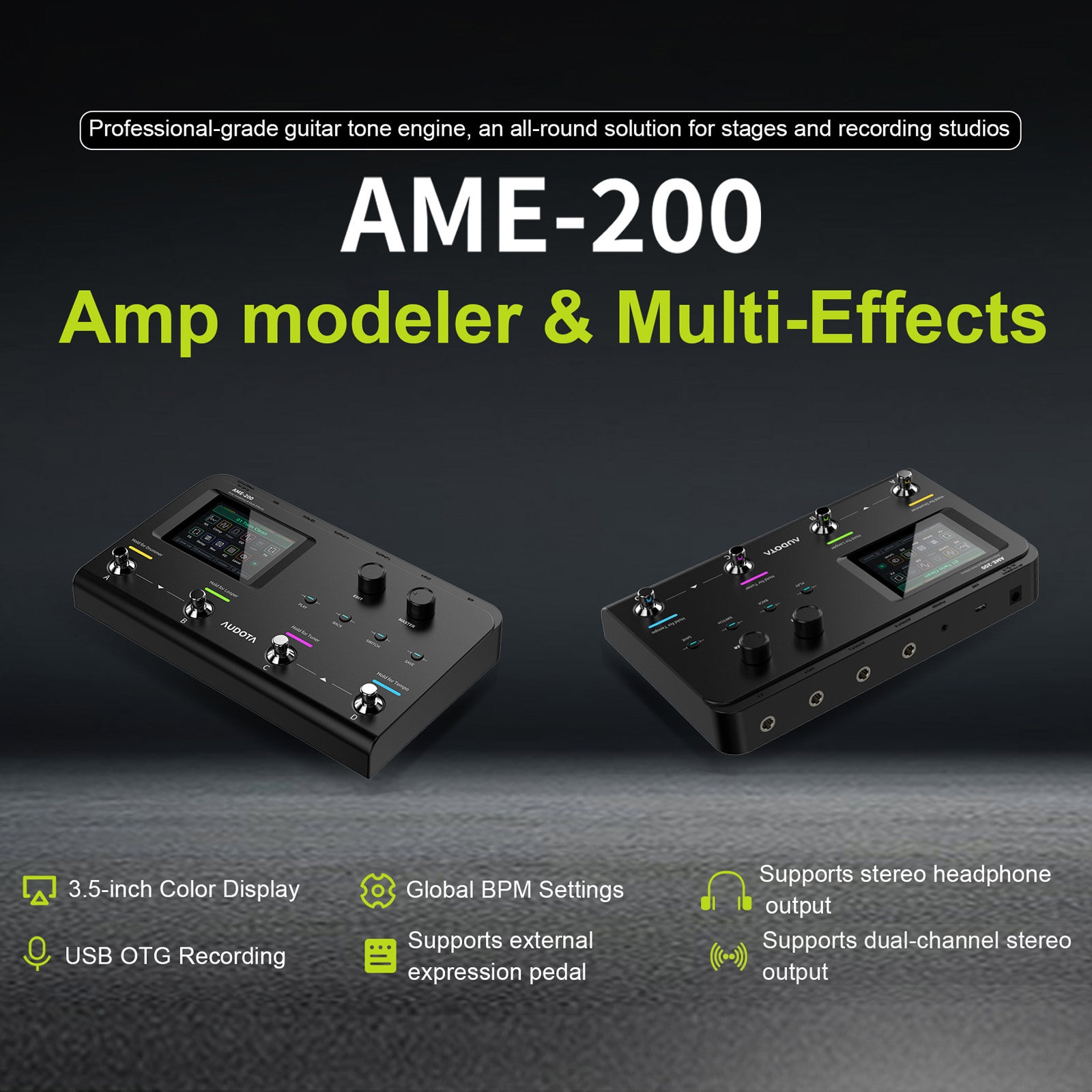 Audota Ame-200 Pro Guitar Processor with Built-In Tuner, 50 Drums