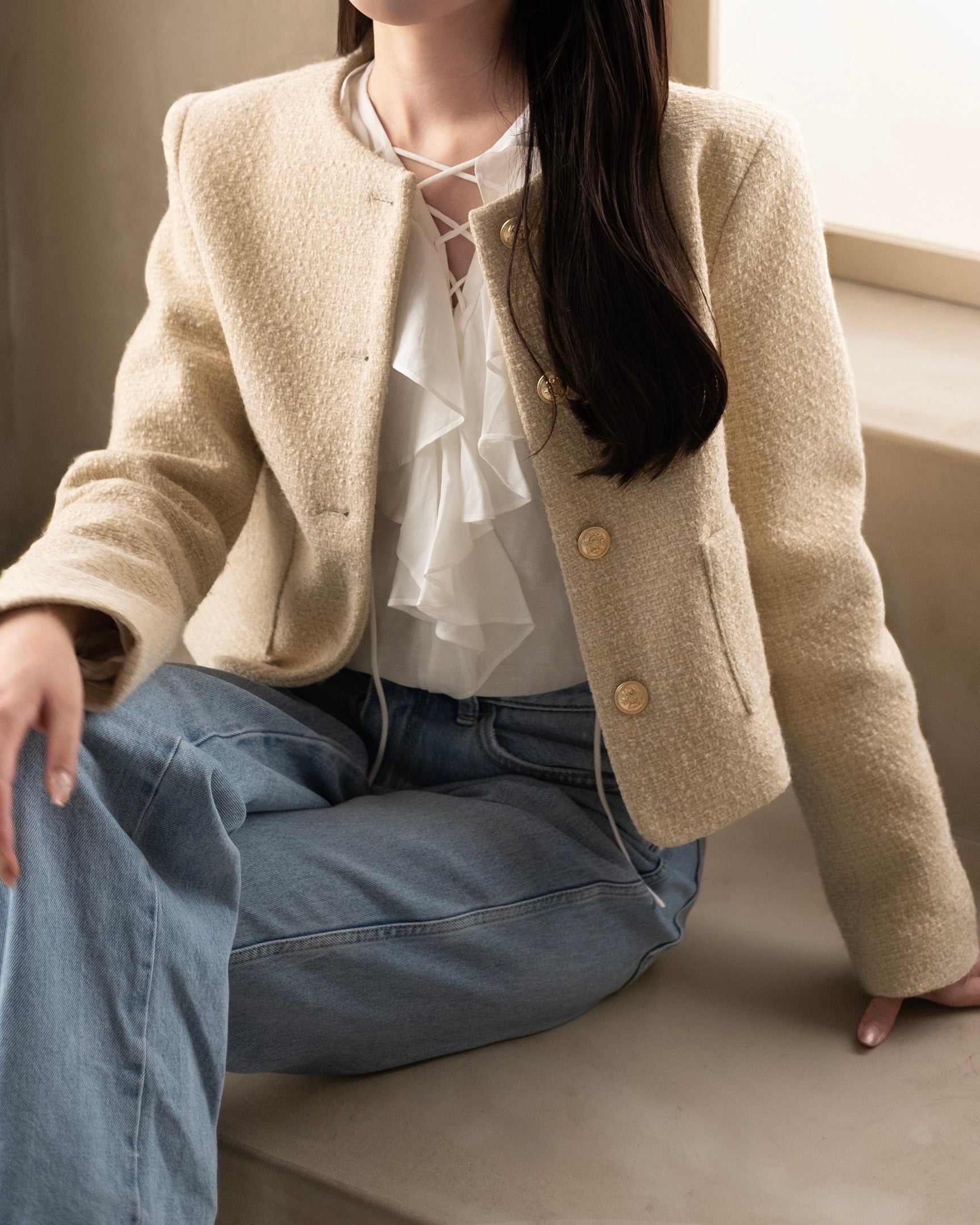 ウールブレンドノーカラーツイードジャケット – AMLOIRE