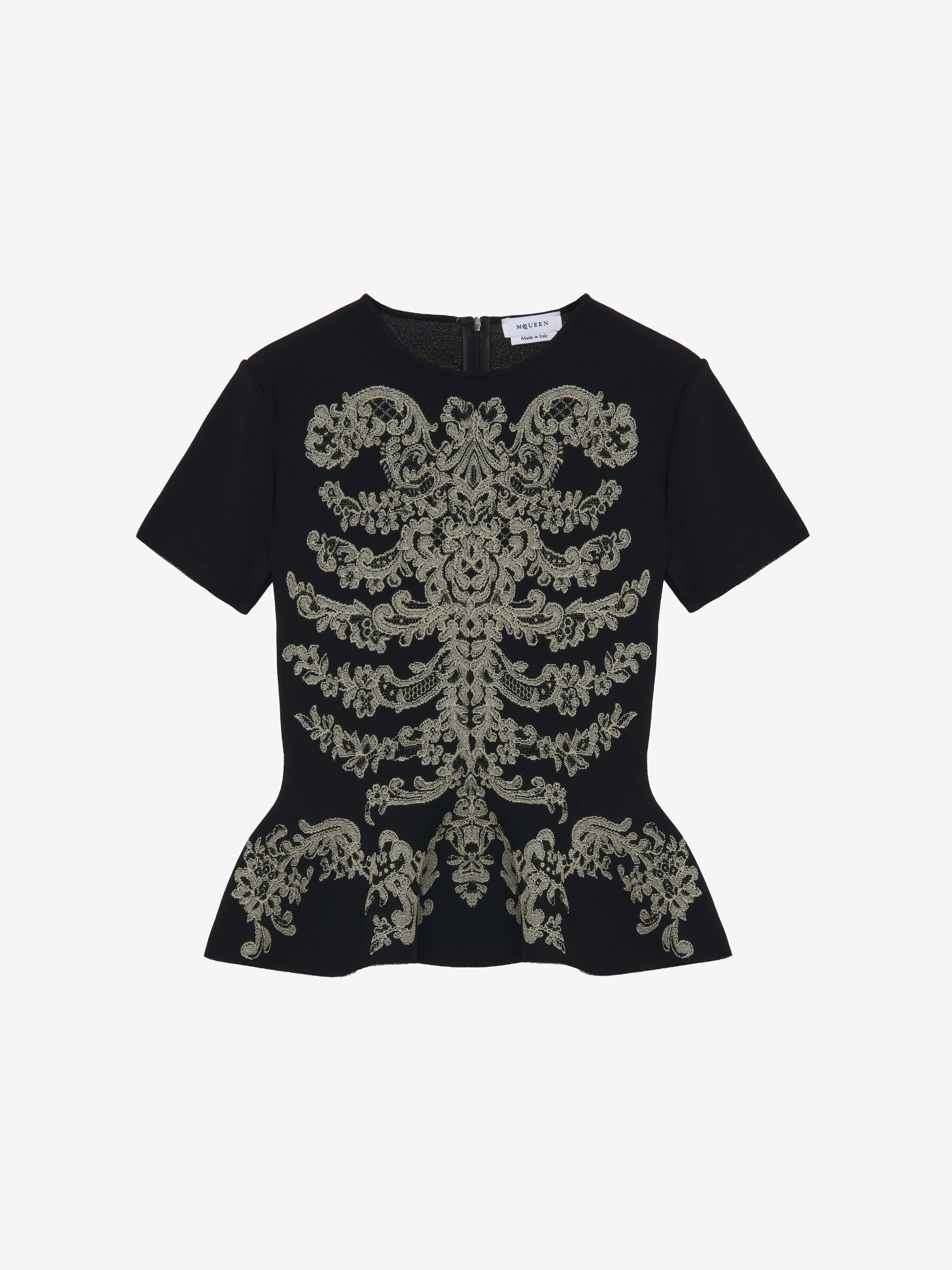 Women's Lace Ribcage Jacquard Peplum Top in Black | McQueen US